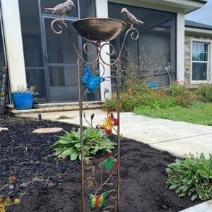 Bird Bath w Trellis Outdoor Antique Garden Iron Trellis w Decorative Butterfly